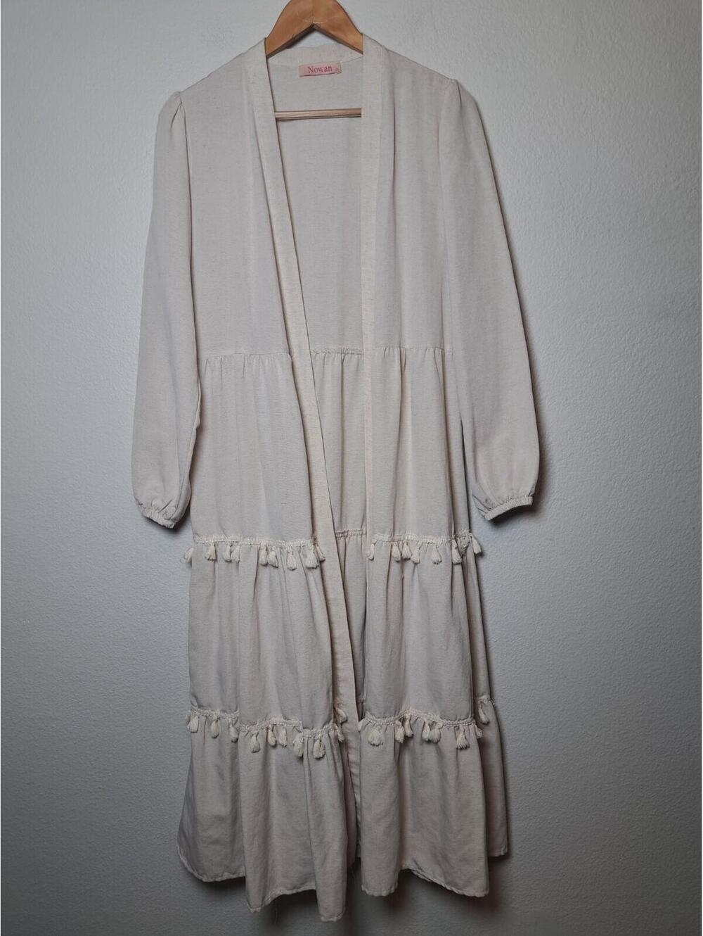 Nowan Maxi Cardigan Size L Ecru Beige Long Sleeve Plunge Tiered Cotton Loos
